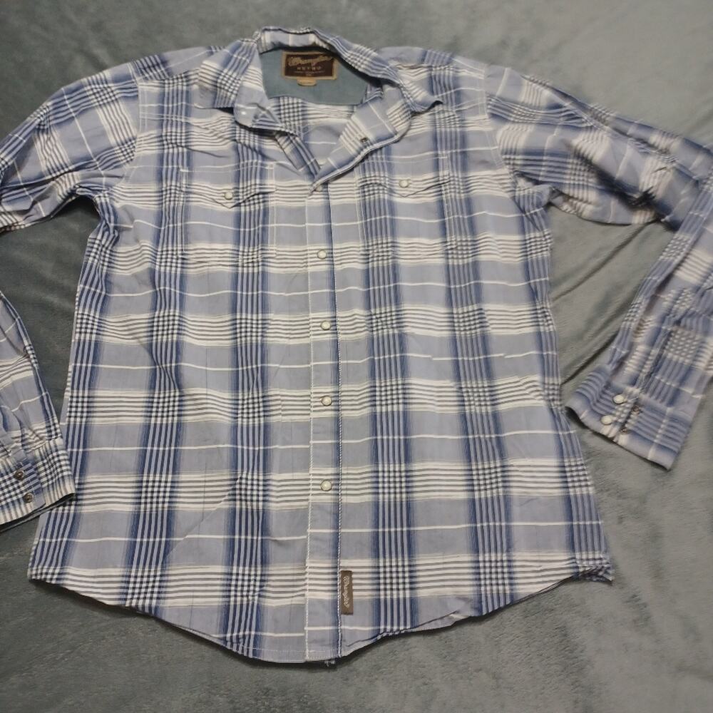 WRANGLER Retro Shirt Boy 18 XXL Blue Plaid Rodeo Long Sleevess Snap Buttons Down